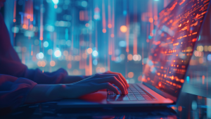 Person using a laptop surrounded by digital code, representing shadow IT activity