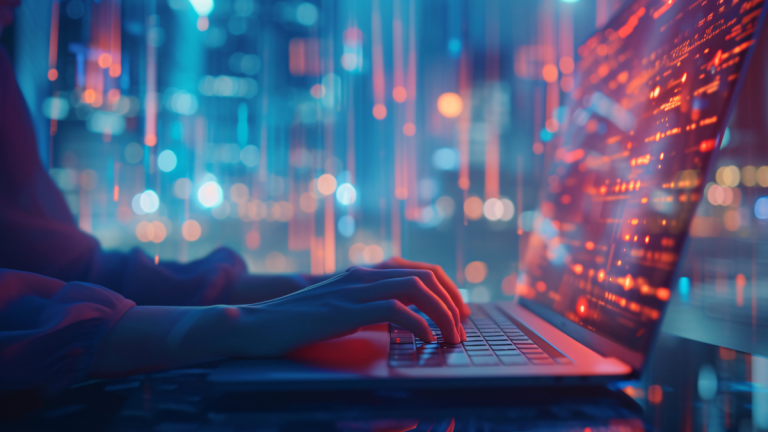 Person using a laptop surrounded by digital code, representing shadow IT activity